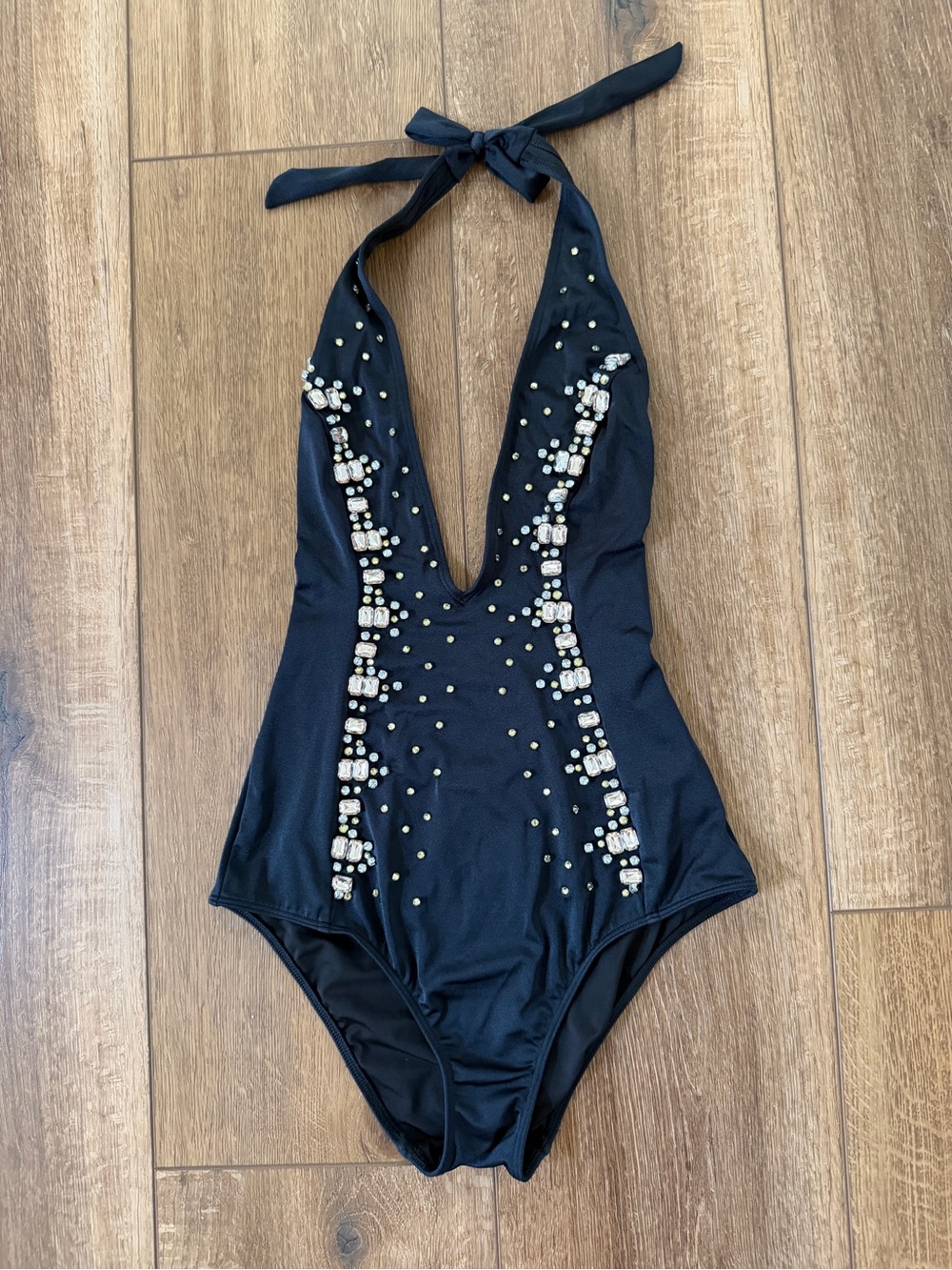 Victoria's Secret Black Halter One-Piece Swimsuit with Crystal Accents